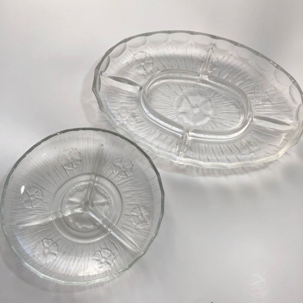 Vintage  Matching Glass Divided Relish Trays  2 Pieces Oval & Circle